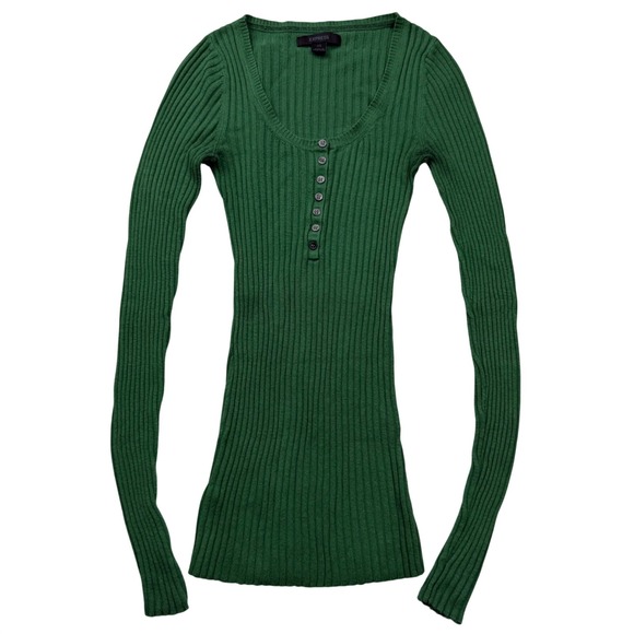 Express Tops - VTG Y2K Express Green Ribbed Henley Scoop Neck Long Sleeve Top Size XS Fitted